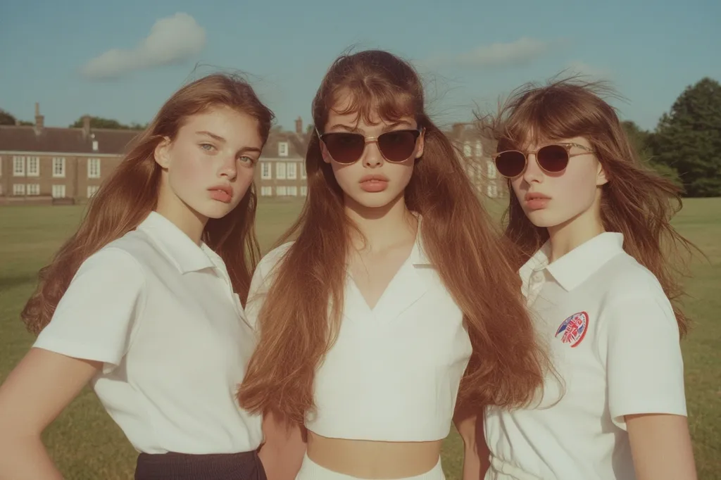 Three young women with long brown hair stand together on a grassy field, posing for a photo.  They wear matching white collared shirts; two have long sleeves, and one has short sleeves.  The central woman wears sunglasses.  A building is visible in the background. The overall aesthetic is reminiscent of 1970s fashion photography.  The sunlit scene evokes a feeling of summer and youth.