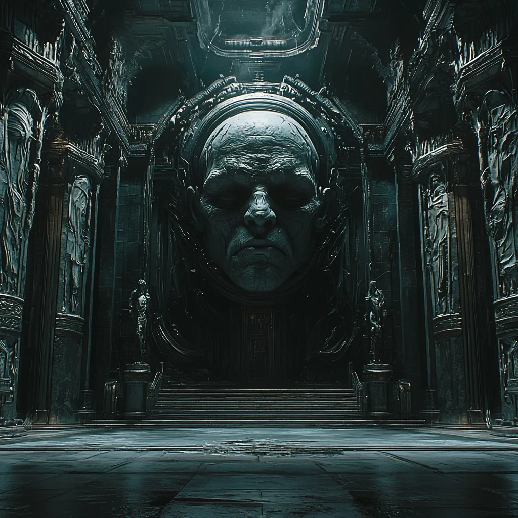 A colossal, grim-faced stone head dominates a dark, gothic hall.  The head, detailed with deep wrinkles and a solemn expression, is set within an intricate, ornate frame.  Flanking the imposing head are smaller statues and columns, adding to the hall's ominous atmosphere.  A staircase leads towards the central structure, creating a sense of depth and foreboding within the dimly lit space.  The overall tone is one of mystery and grandeur.