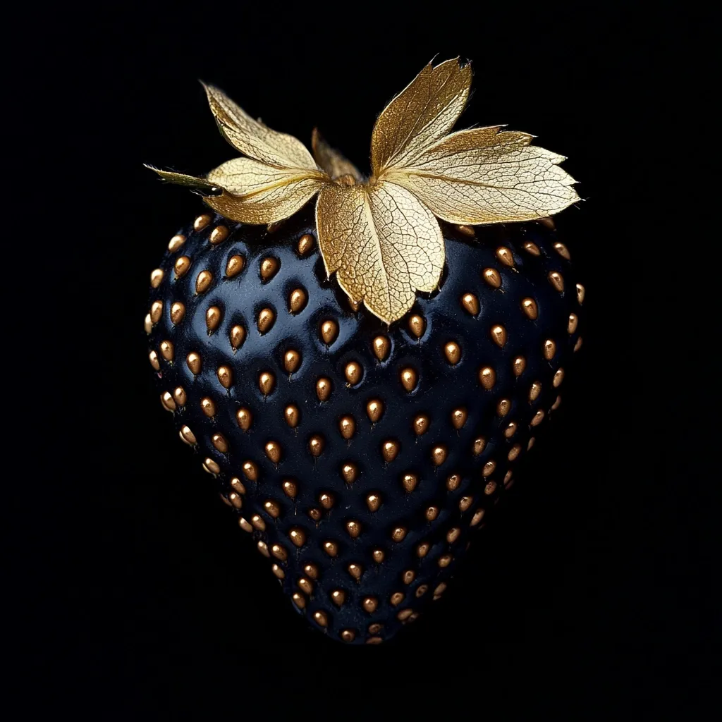 A striking image showcases a dark, almost black strawberry adorned with gold accents.  Each tiny seed is meticulously highlighted in gold, contrasting beautifully with the deep hue of the berry. The leaves, also gilded in gold, add a touch of elegance. The stark black background emphasizes the rich colors and luxurious detail, creating a visually captivating image.