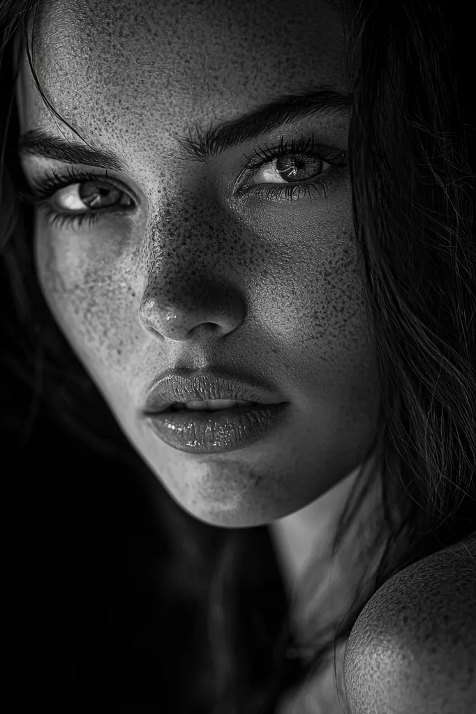 A black and white close-up portrait of a woman with freckles. Her gaze is intense, her expression serious, and her lips are full.  The image focuses on her face, highlighting her textured skin and dark hair.  The background is dark and out of focus, drawing attention to the subject's features. The lighting is dramatic, emphasizing the contrast between light and shadow.