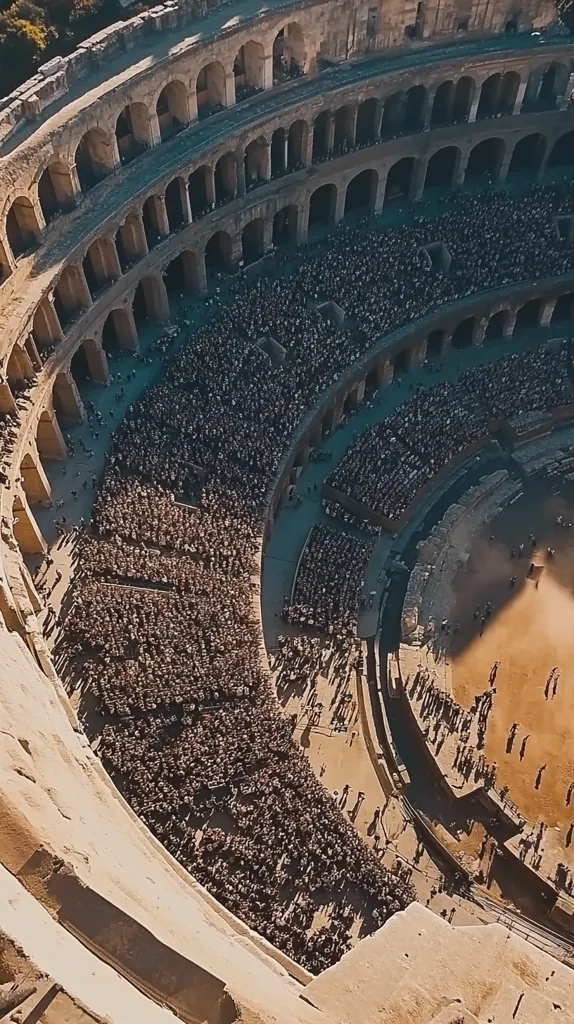 An aerial view of a large amphitheater, possibly a Roman Colosseum, filled with a dense crowd of people.  The ancient stone structure's tiered seating is clearly visible, showcasing its impressive architecture. The arena floor below is largely empty except for a few scattered individuals.  The image captures the scale and grandeur of the historical site, teeming with spectators.