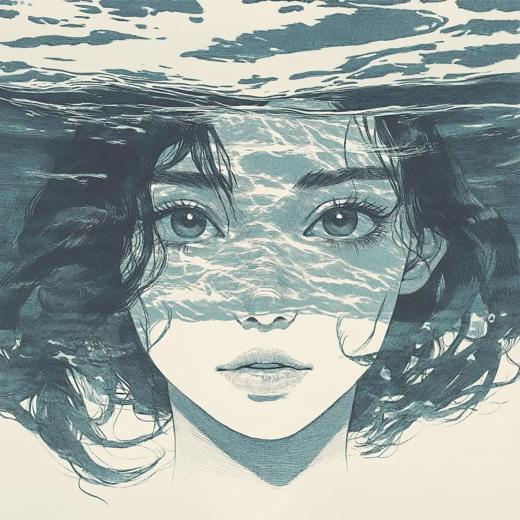 A detailed illustration depicts a young woman's face, partially obscured by an overlay of swirling water. The woman's dark hair flows around her, mirroring the underwater scene above.  The style is reminiscent of a detailed etching or engraving, with varying shades of teal and beige creating a serene yet mysterious mood.  Her eyes are large and expressive, gazing directly at the viewer. The image blends realism with a surreal, dreamlike quality.