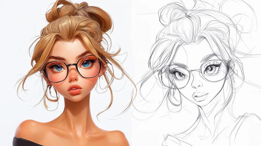 A split image showcases the evolution of a digital drawing.  The left side presents a fully rendered, stylized portrait of a young woman with blonde hair in a bun, wearing round glasses, and possessing large, expressive blue eyes.  The right displays the initial pencil sketch, a loose collection of lines forming the same figure, highlighting the creative process from concept to completion.