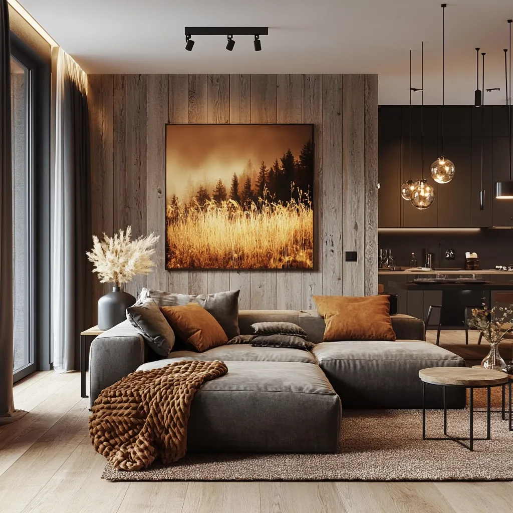 A modern living room features a large gray sectional sofa adorned with burnt orange throw pillows and a chunky knit throw.  A large landscape painting of a misty field hangs above the sofa, set against a rustic wood-paneled wall.  The space is accented with warm lighting from track lighting and pendant lamps, creating a cozy and inviting atmosphere.  A minimalist coffee table and muted color palette complete the design.