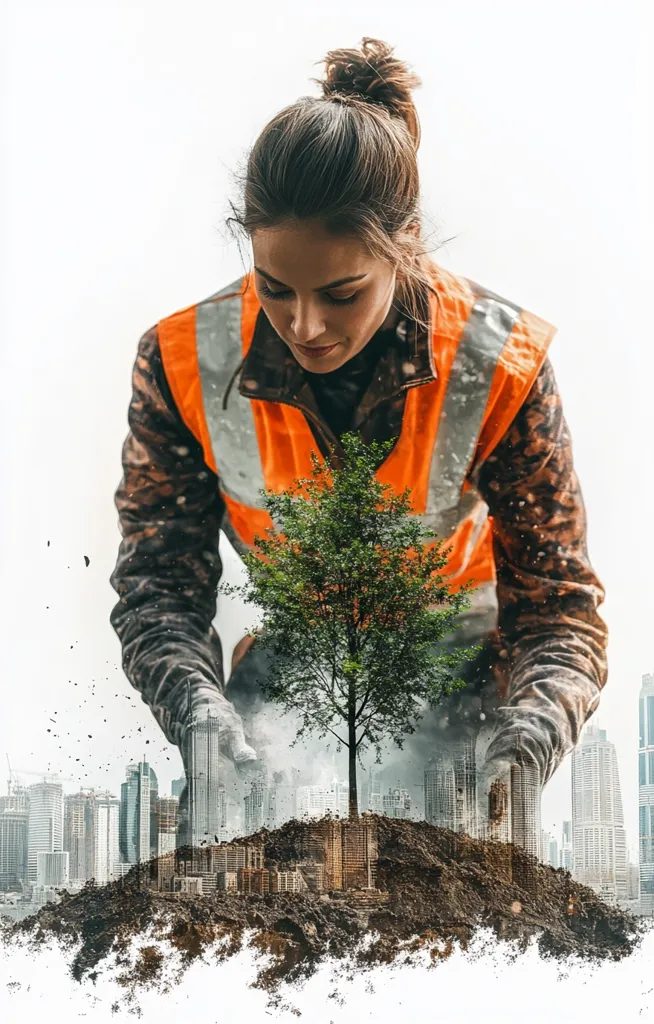 A woman in an orange safety vest carefully plants a sapling.  The image is a double exposure, superimposing a cityscape onto the soil, symbolizing urban renewal or sustainable development.  The woman's focused expression conveys dedication to environmental responsibility and the growth of a greener future amidst a concrete jungle. The overall effect is a powerful visual metaphor for environmental conservation.