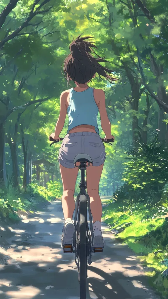 A young woman with brown hair tied up in a ponytail rides a bicycle down a sun-dappled path.  Lush green trees form a canopy overhead, casting dappled shadows on the path.  She wears a light blue tank top and light shorts, her back to the viewer.  The scene is peaceful and evokes a sense of summer tranquility.