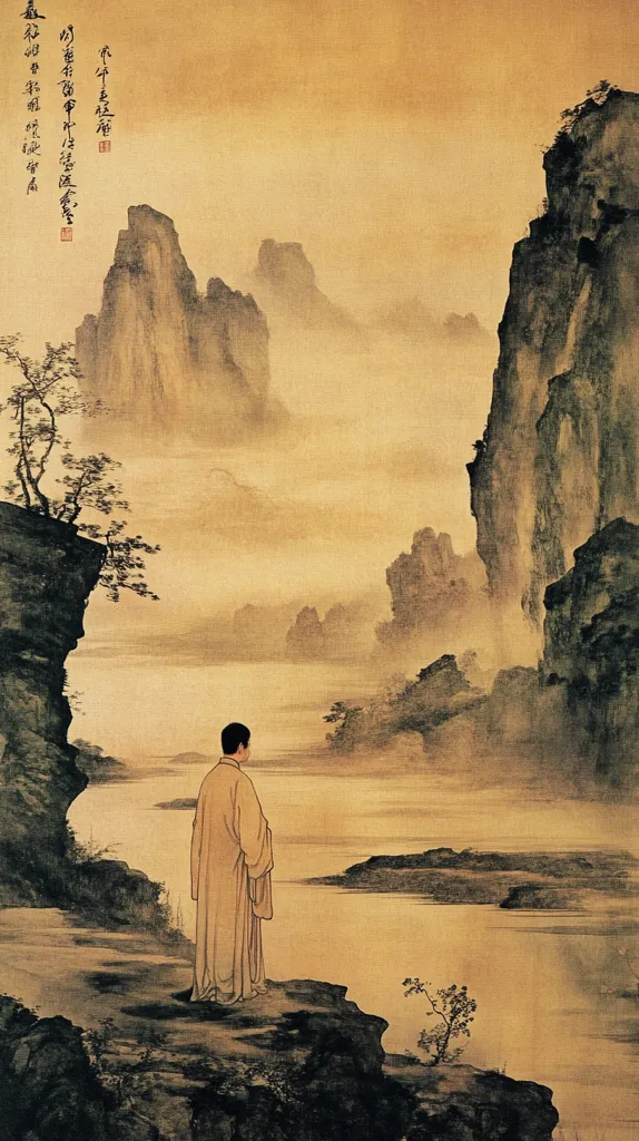 A lone figure, dressed in flowing robes, stands on a rocky outcrop overlooking a tranquil river.  Misty mountains rise in the background, their peaks shrouded in soft, pale light.  The scene is painted in muted earth tones, evoking a sense of serenity and contemplation, characteristic of classical East Asian landscape painting. The overall mood is peaceful and reflective.