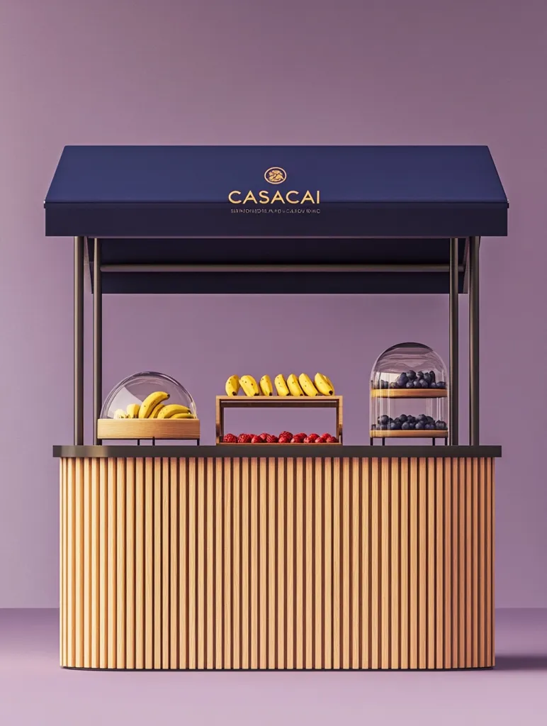 A sleek, modern fruit stand with a dark blue awning displays the Casacai brand. The stand features a light wood slatted counter and black metal supports.  Glass domes showcase bananas, strawberries, and blueberries, arranged neatly on wooden shelves and trays.  The overall design is clean and minimalist, creating an appealing visual display.
