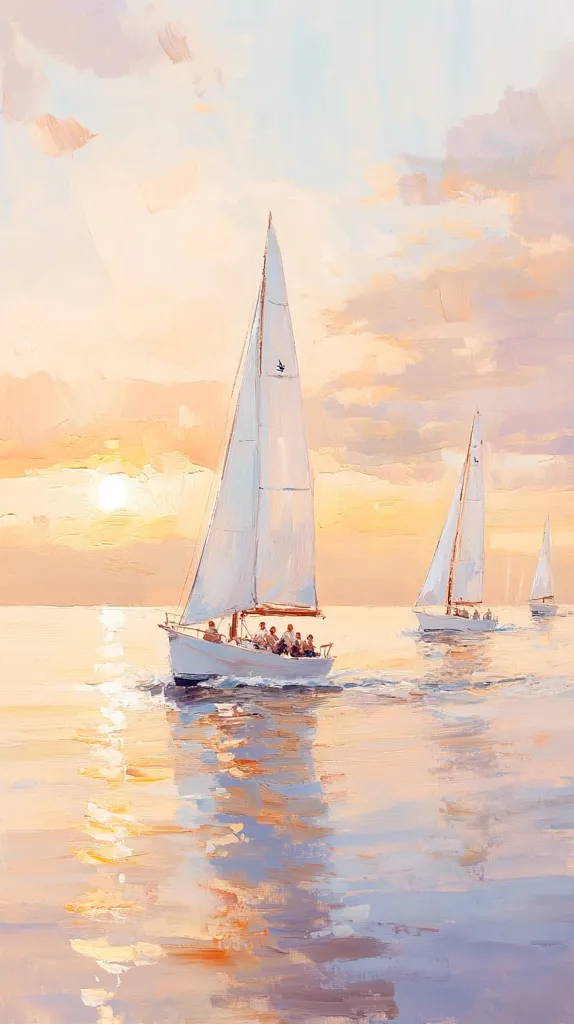 A serene sunset scene depicts three sailboats gliding across calm waters.  The largest sailboat, in the foreground, carries several passengers, enjoying the tranquil evening.  The warm hues of the setting sun paint the sky in soft pastels, reflecting beautifully on the water's surface.  The overall atmosphere is one of peace and gentle movement.