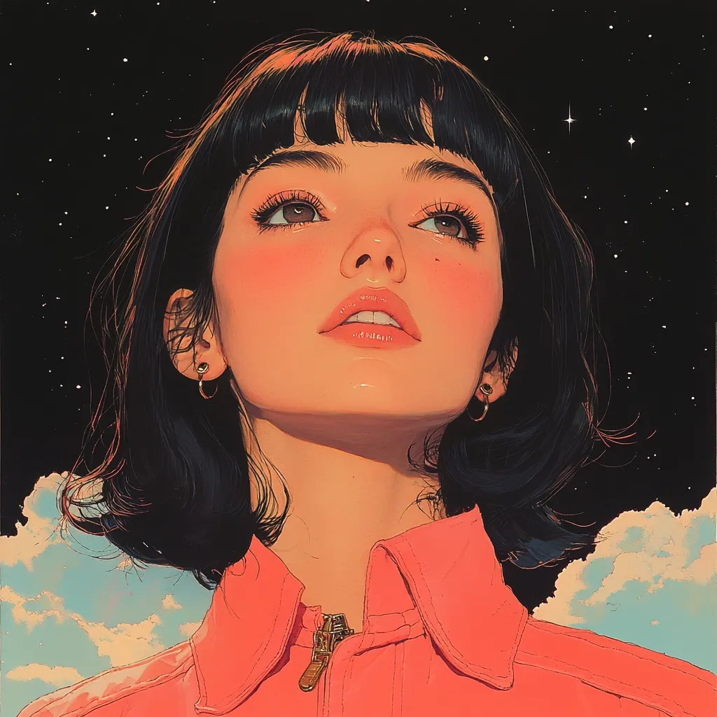 A stylized portrait of a young woman with dark bobbed hair and rosy cheeks, gazing upward.  She wears a coral-colored jacket against a backdrop of a dark night sky dotted with stars and fluffy clouds. The artwork features smooth lines and a soft, dreamlike quality, evoking a sense of wonder and tranquility.  Her expression is serene and contemplative.
