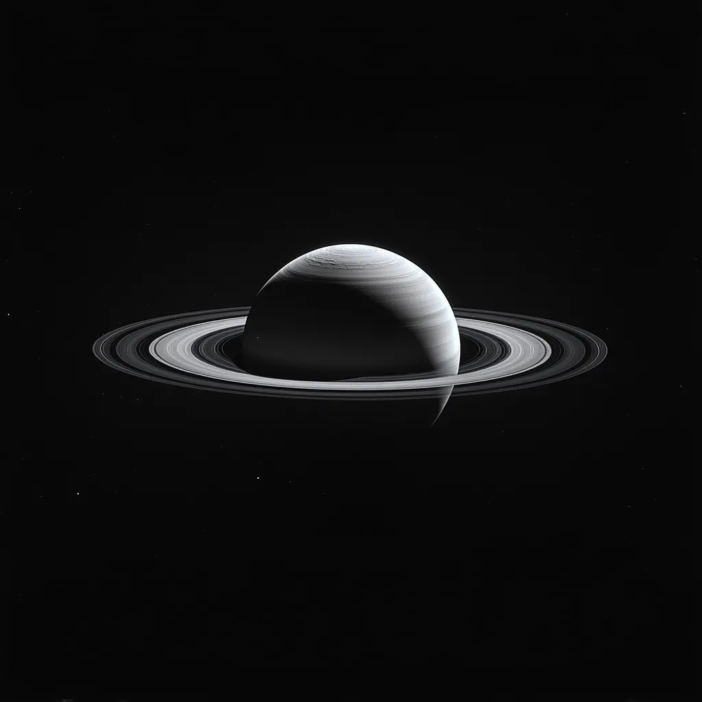 A striking monochrome image showcases Uranus, its icy rings clearly defined against the inky blackness of space.  The planet's subtle cloud bands are visible, while faint stars pepper the background. The image's stark contrast emphasizes the planet's majestic isolation in the vast expanse of the cosmos.  The rings are thin and delicate, encircling the planet like a celestial crown.