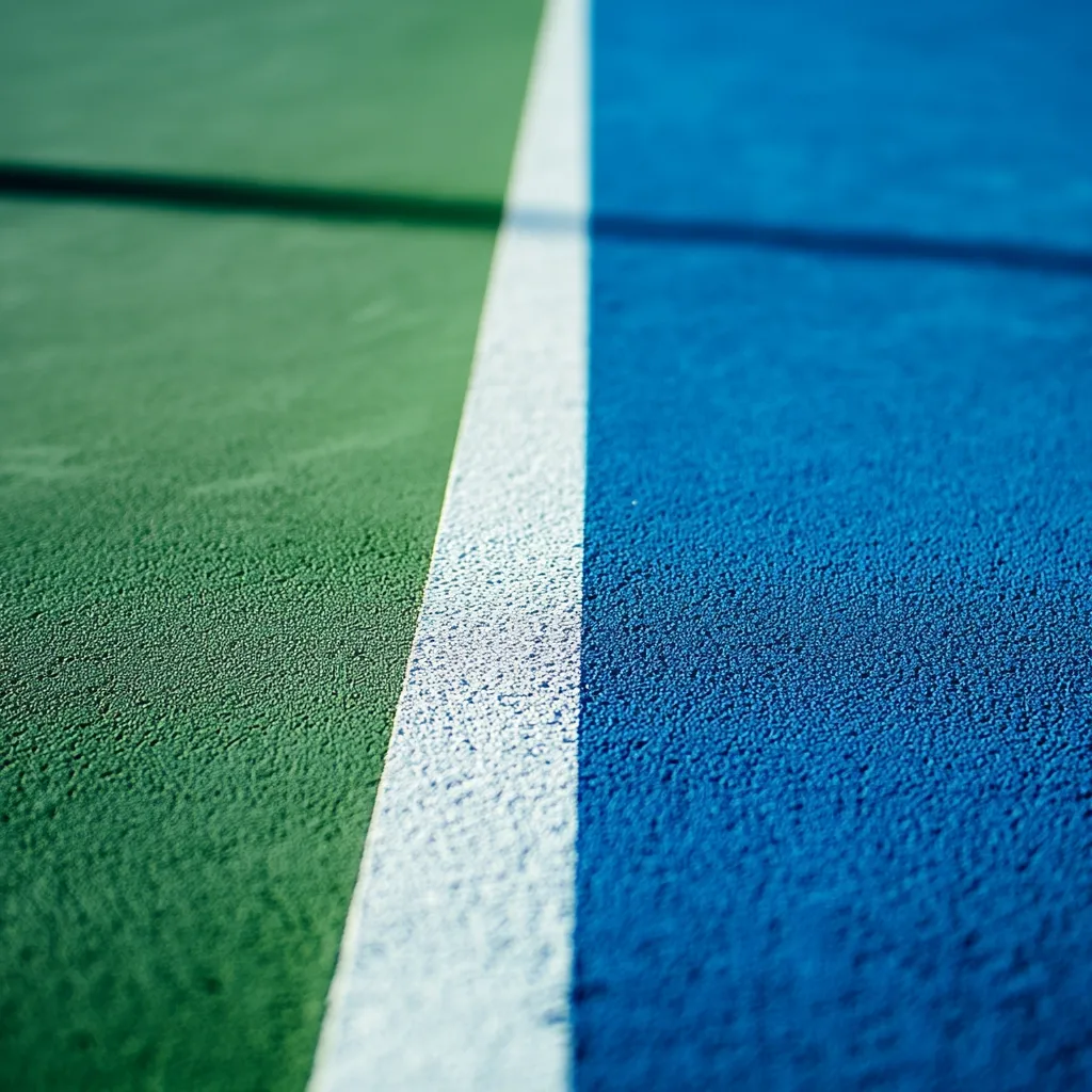 Close-up view of a tennis court's surface, showing a sharp dividing line.  The vibrant green and blue court surfaces are textured, and a crisp white line separates the two colors.  The image focuses on the detail of the paint and the court's texture.  The contrast between the colors and the line is striking.