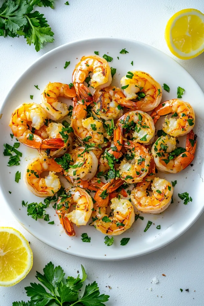 A white plate holds a delicious pile of grilled shrimp, generously garnished with fresh parsley.  The shrimp are plump and perfectly cooked, exhibiting a rich reddish-orange hue.  Slices of lemon are artfully arranged around the plate, adding a touch of brightness to the image.  The overall presentation is clean, fresh, and appetizing.