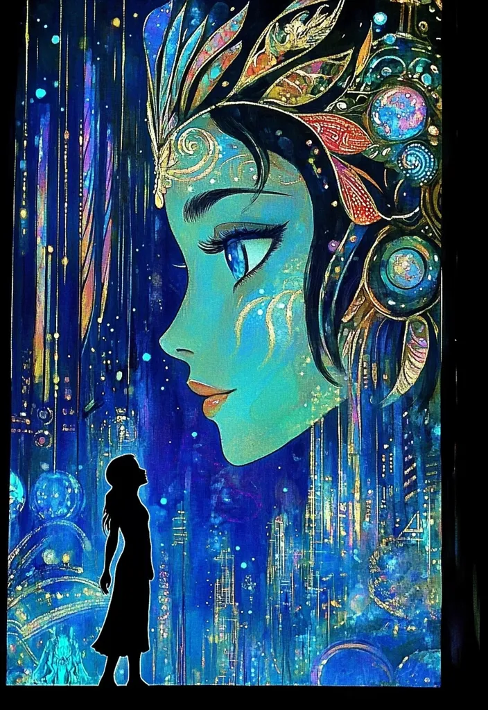 A vibrant painting features a stylized female face, adorned with intricate headdress and jeweled accents, dominating the left.  Her teal skin and large, expressive eye contrast with the dark blue and gold background.  A smaller, silhouetted female figure stands in awe below, gazing upward in a futuristic city setting depicted in glittering blues and golds.  The overall impression is one of fantasy and wonder.