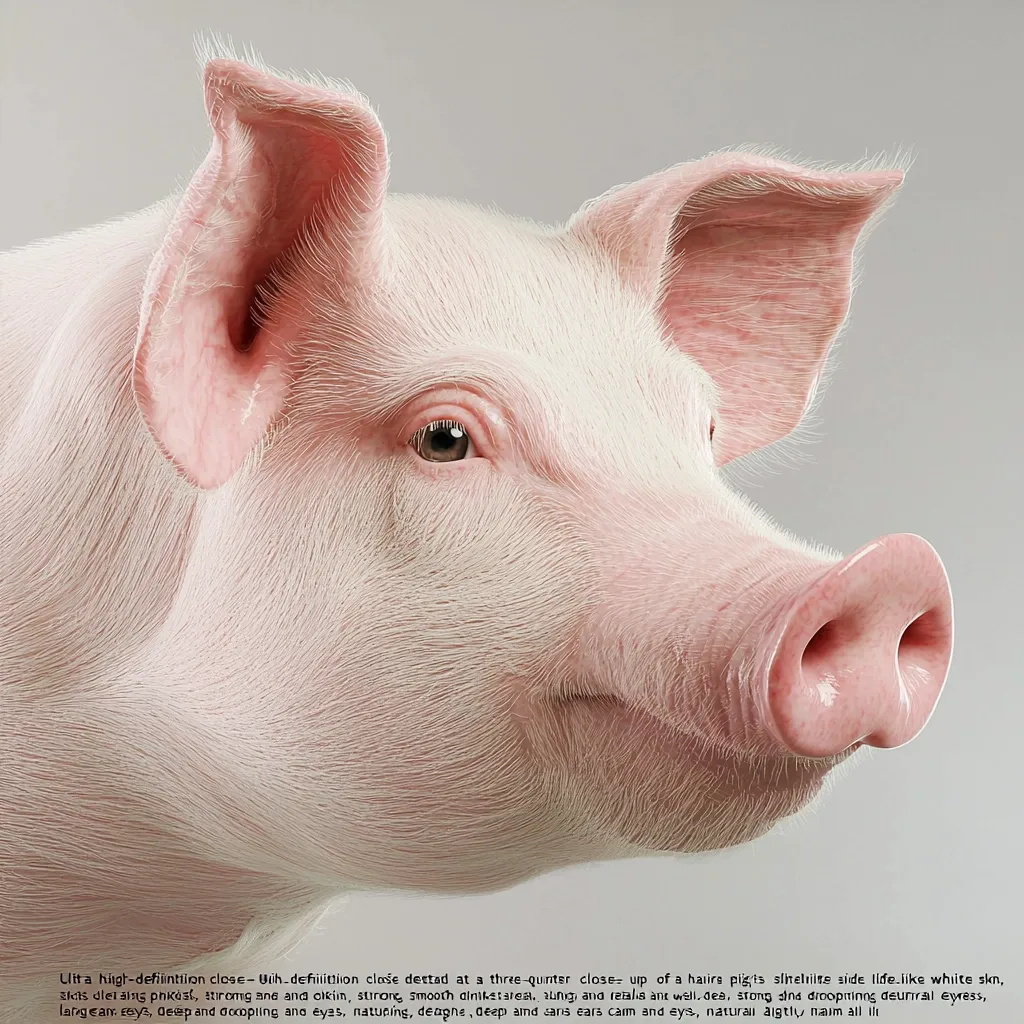 A close-up of a pig's head, showcasing its pale pink skin and fine hairs. The image highlights the pig's expressive eyes, large ears, and delicate snout. The pig's gentle expression and soft features are captured in detail, creating a three-quarter profile view against a neutral background.