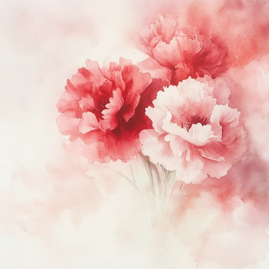 A watercolor painting showcases a delicate bouquet of three poppies.  Two are deep red, their petals softly layered, while one is a lighter pink, almost white in the center.  The flowers are rendered with a soft, dreamy quality, set against a blurred background of pale pinks and reds, creating a romantic and ethereal atmosphere.  The painting's style is impressionistic, emphasizing texture and color blending.