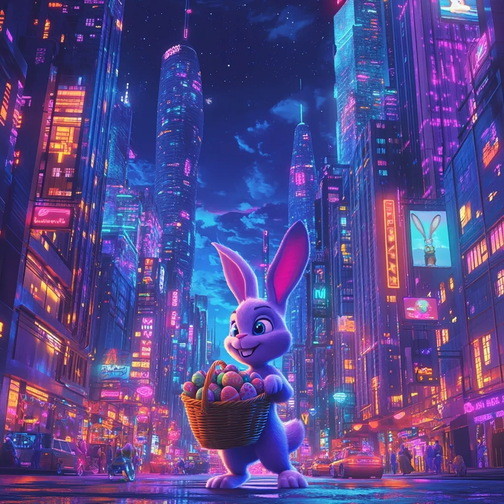 A cute, purple bunny rabbit stands in a vibrant, futuristic city street, holding a basket overflowing with colorful Easter eggs.  Neon signs illuminate towering skyscrapers in shades of pink, blue, and purple.  The scene is a whimsical blend of fantasy and cyberpunk aesthetics, creating a captivating and surreal Easter image.  Cars and pedestrians add to the bustling city atmosphere.