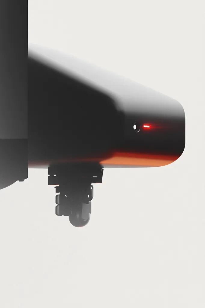 The image shows a close-up of a dark-colored, sleek, aerodynamic device, possibly a sensor or camera, attached to a larger structure.  A small red light is illuminated on its surface. The device is mounted on a small, articulated arm with what looks like wheels, suggesting mobility. The background is a simple, bright white.  The overall aesthetic is futuristic and minimalist.