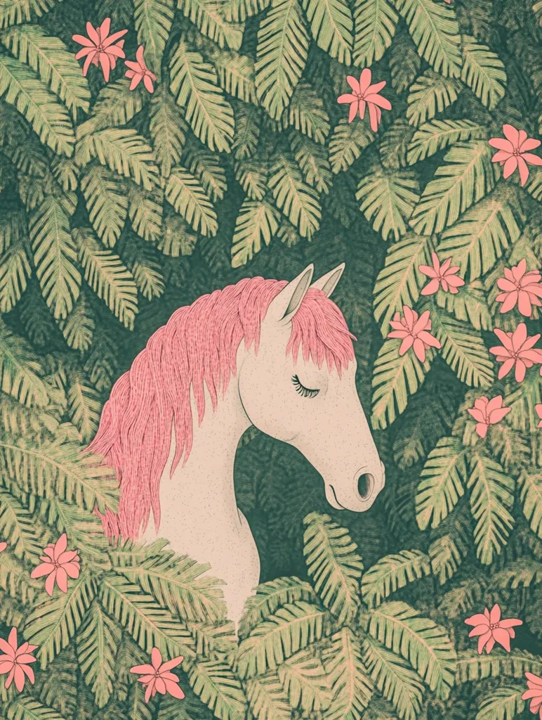 A dreamy illustration depicts a serene white horse with soft pink hair, partially hidden amidst lush, green foliage.  Delicate pink flowers bloom throughout the dense leaves, creating a tranquil, enchanted forest scene. The horse's eyes are gently closed, conveying a sense of peace and quietude.  The overall style is reminiscent of vintage botanical prints with a whimsical touch.