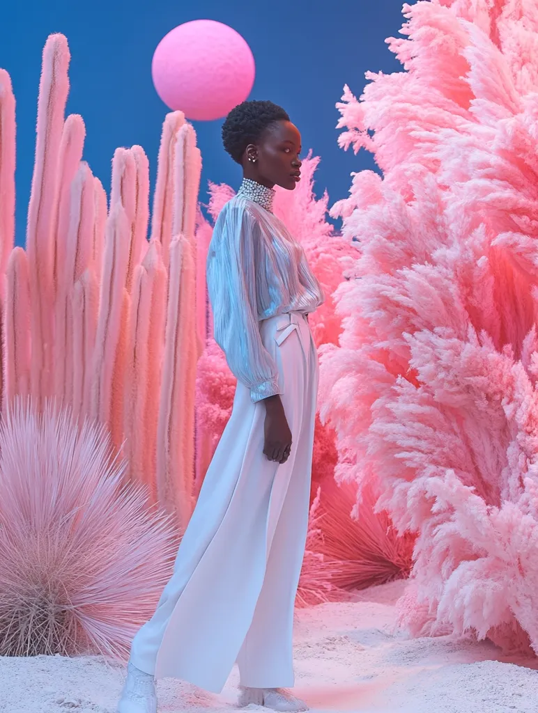A Black woman in a light blue, sheer blouse and white wide-leg pants stands amidst a surreal landscape.  Pink pampas grass and cactus-like plants surround her, creating a dreamy, otherworldly atmosphere. A large, pale pink sphere floats in the background, adding to the fantastical setting. The model's pose and the overall aesthetic evoke a sense of serene elegance and whimsical style.