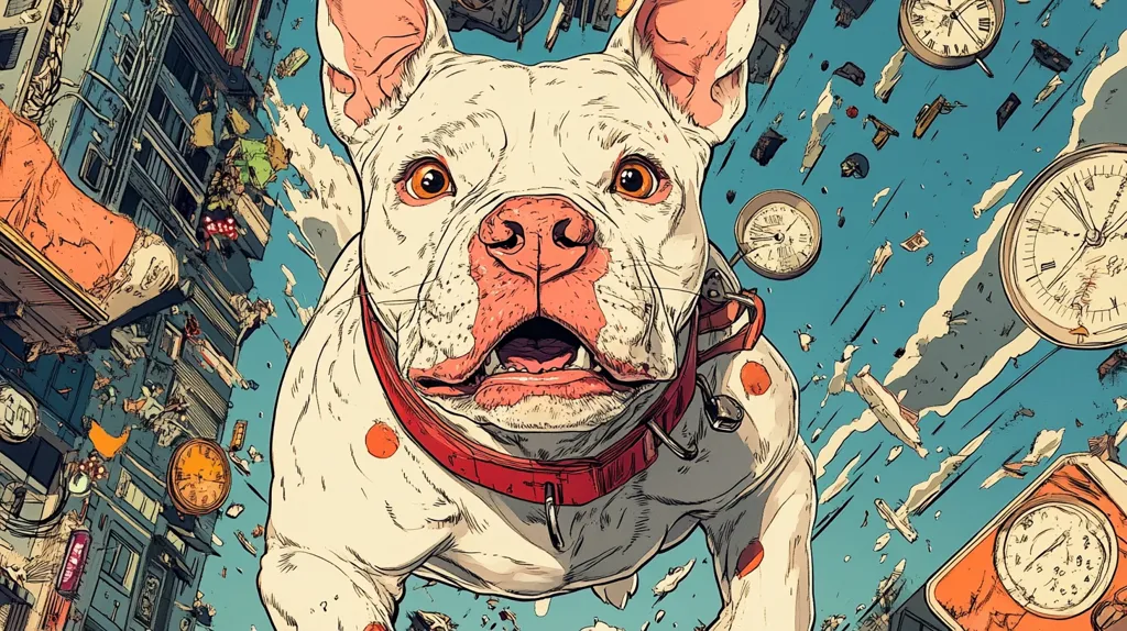 A close-up, stylized illustration depicts a white bulldog in mid-air, seemingly falling through a chaotic cityscape.  The background is a whirlwind of debris, clocks, and fragmented buildings, creating a surreal and dynamic scene. The dog's expression is one of surprised alertness, its mouth open slightly. The art style is comic-book-esque with bold lines and vibrant colors.