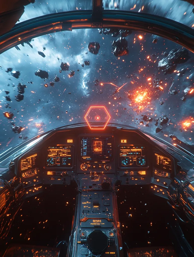 The image shows a futuristic spaceship cockpit during intense space combat.  The view from the pilot's seat reveals a chaotic scene of asteroids and fiery explosions filling the viewport.  The cockpit's advanced technology is highlighted with glowing orange and blue interfaces, displaying various readouts and controls. The overall aesthetic is dark and gritty, emphasizing the intense action.