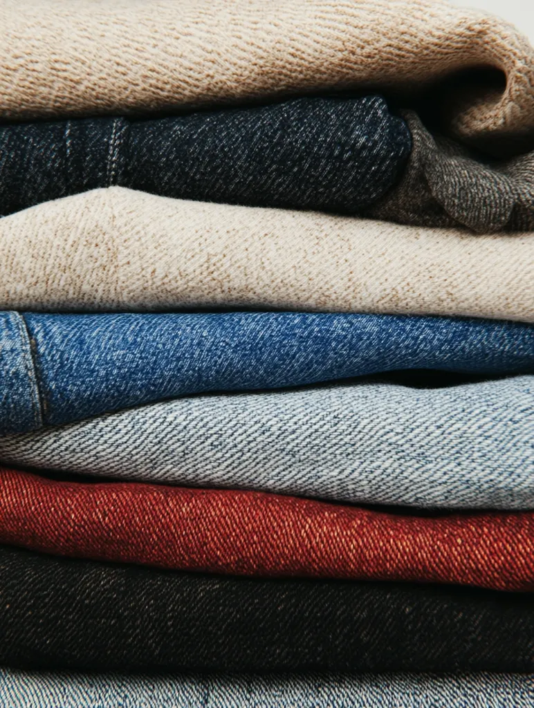 A neatly stacked pile of clothing items showcases a variety of textures and colors.  Two light beige sweaters are layered with several pairs of jeans in varying shades of blue, dark red, and black. The image emphasizes the tactile quality of the fabrics, highlighting their folds and textures.  The arrangement suggests a sense of order and calm.