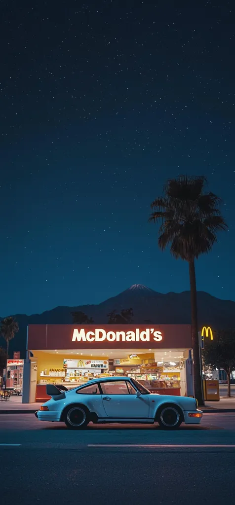 A classic white Porsche 911 Turbo is parked in front of a McDonald's at night.  The sky is filled with stars, and a palm tree stands beside the restaurant.  Mountains are visible in the background, creating a serene yet vibrant scene. The image evokes a nostalgic, almost dreamlike atmosphere.