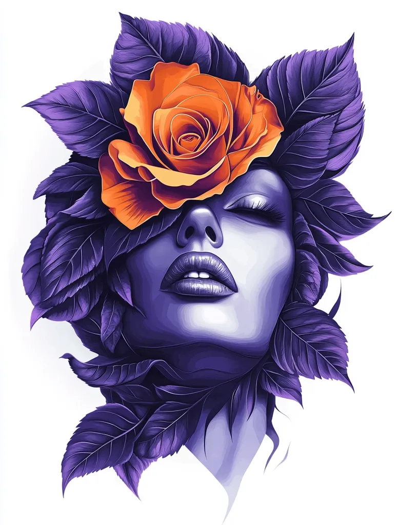 A stylized portrait of a woman's face, rendered in shades of purple and accented with a vibrant orange rose. The rose is positioned over one eye, partially obscuring it, while the woman's eyes are closed, suggesting serenity.  Intricate, dark purple leaves surround her face, creating a crown-like effect, blending seamlessly with her hair. The overall aesthetic is both elegant and mysterious.
