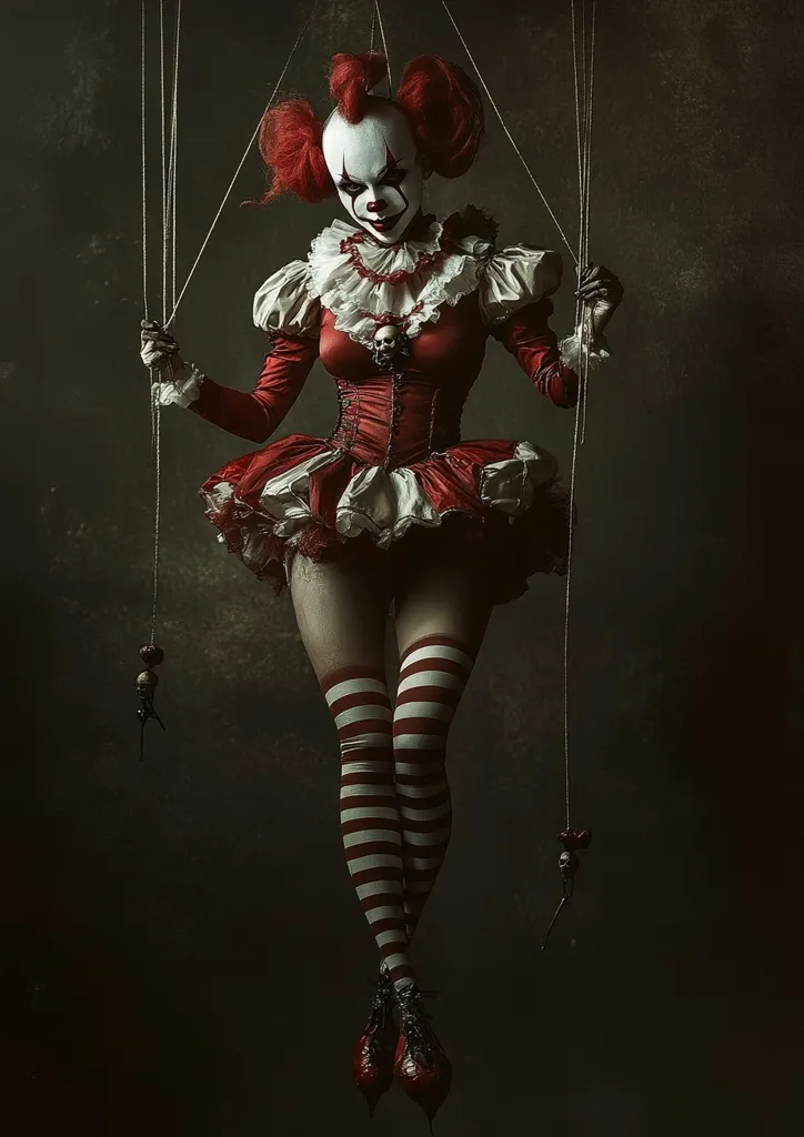 A sinister clown, depicted as a puppet, hangs suspended by strings against a dark backdrop.  Her red and white striped stockings and red dress with ruffled trim contrast with her pale, menacing makeup.  Small, skull-like objects dangle from the strings below her, adding to the unsettling atmosphere. The image evokes a sense of unease and macabre beauty.