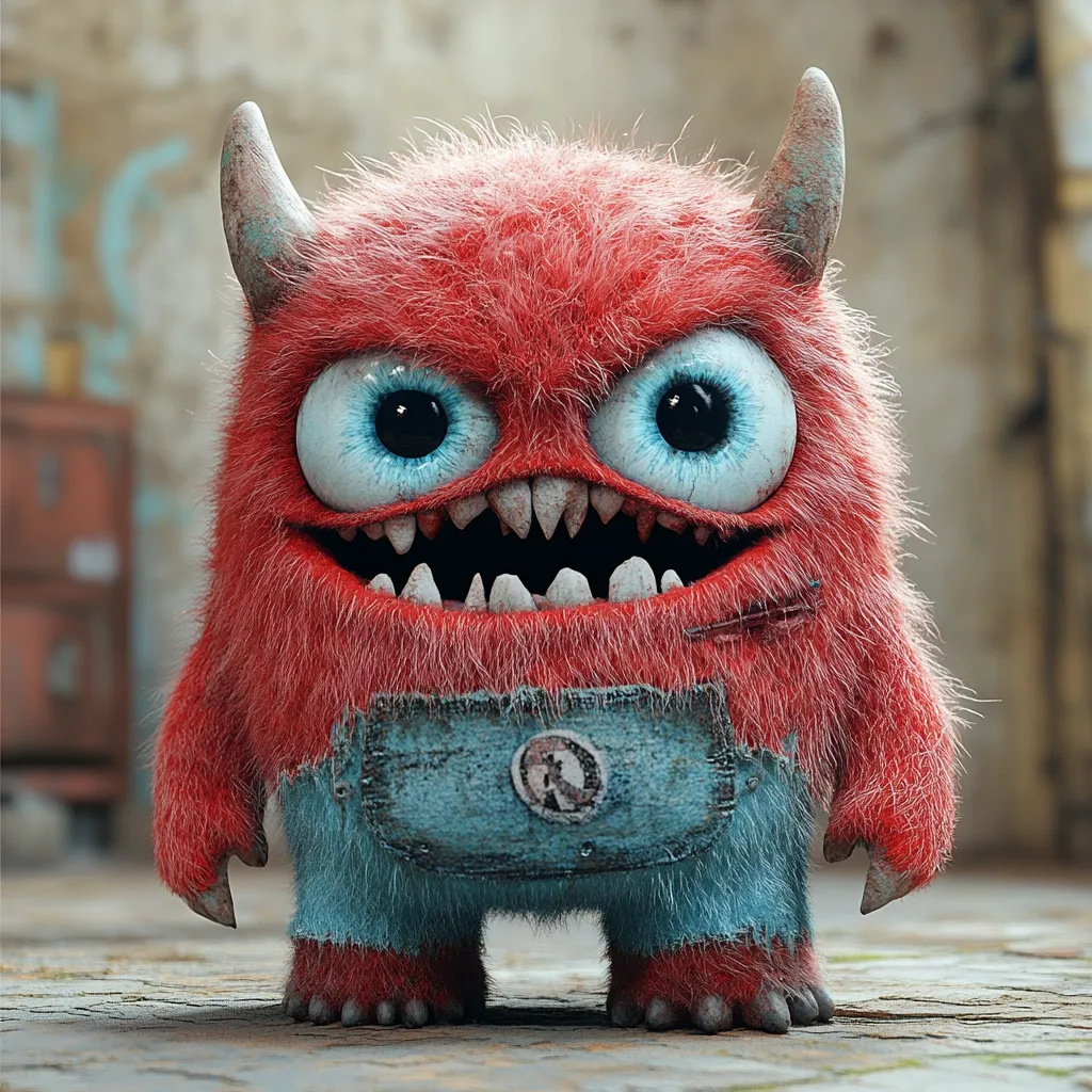 A cute yet slightly menacing digital rendering of a furry red monster.  It has large, expressive blue eyes, sharp teeth, small horns, and wears a worn teal bib overall.  The monster's fur appears soft, contrasting with its jagged teeth and slightly distressed clothing.  The background suggests a rusty, industrial setting.