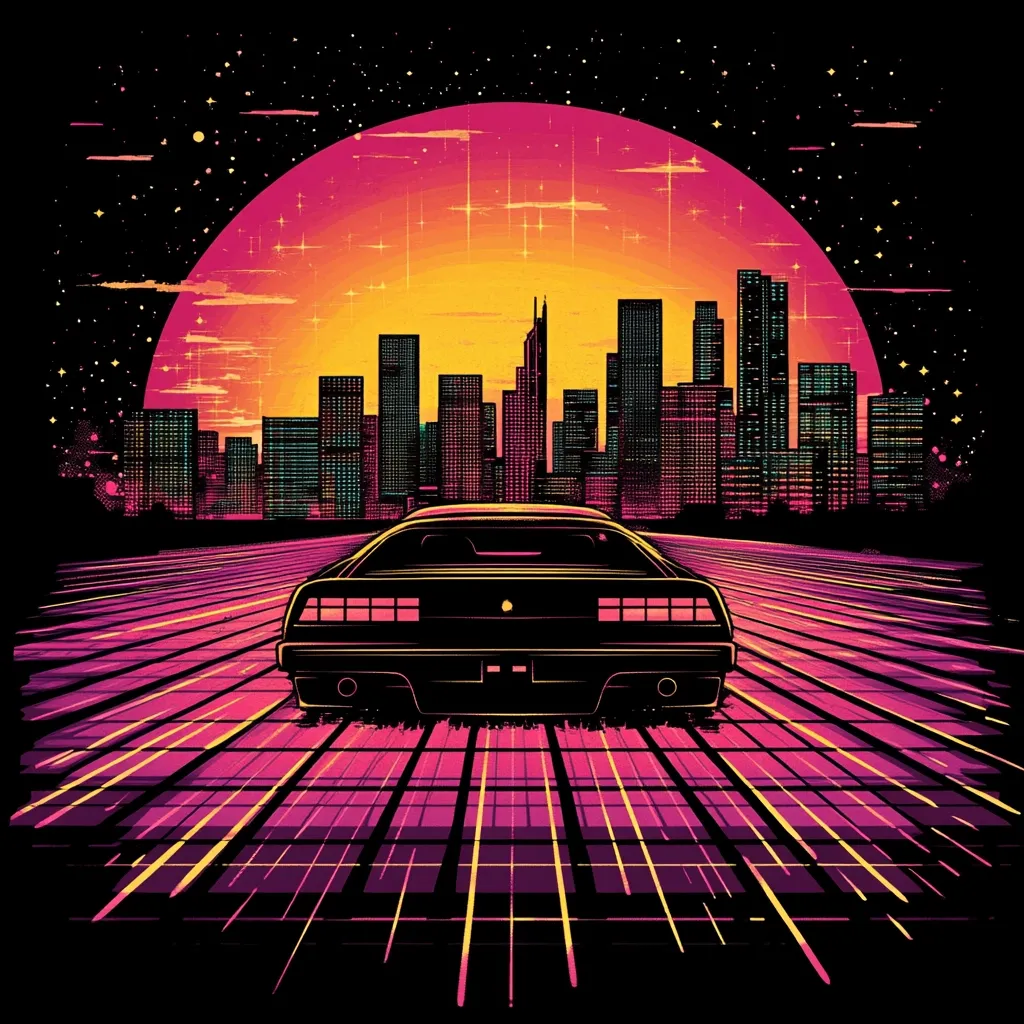A retro-styled illustration depicts a sleek, dark sports car driving towards a vibrant cityscape at sunset.  The road glows with neon pink and purple lines, creating a dynamic, 80s-inspired aesthetic. The city skyline is detailed against a large, warm-toned sun, punctuated by stars in a dark night sky.  The overall style evokes feelings of nostalgia and futuristic fantasy.