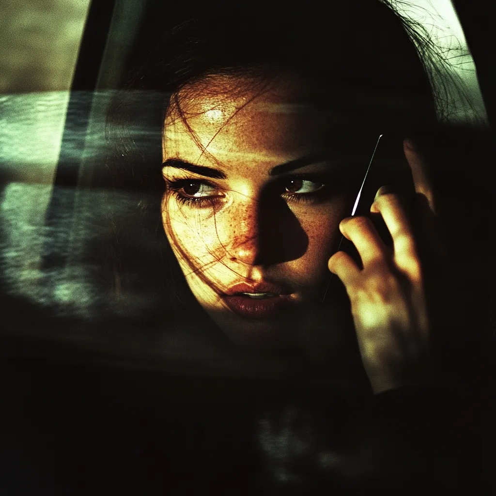 A young woman with freckles and dark hair holds a cell phone to her ear, her expression serious and contemplative.  The image is dark and moody, with light highlighting her face and hand.  She appears to be sitting in a vehicle, as suggested by the blurred background. The overall atmosphere is one of mystery and intrigue.