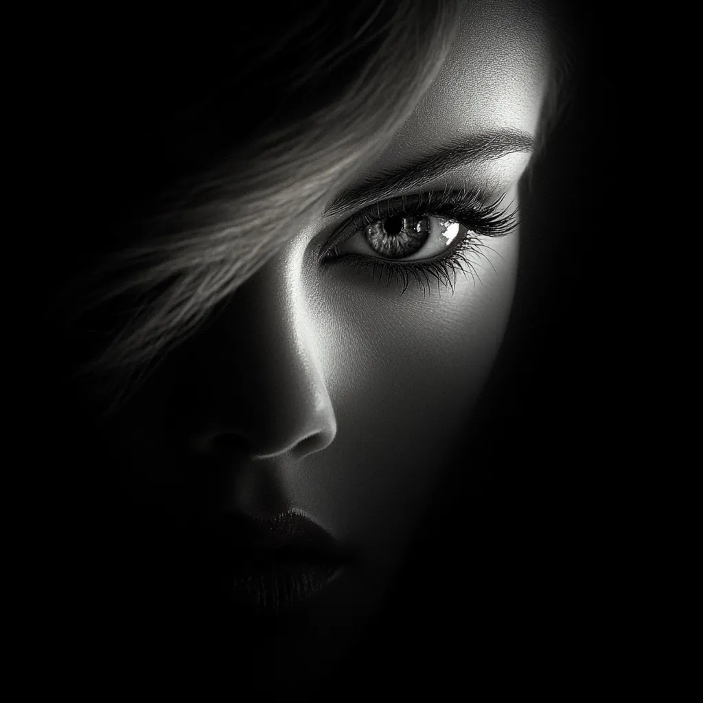 A striking black and white close-up portrait of a woman's face, partially obscured by shadow.  Her expressive eye is sharply in focus, contrasting with the darkness surrounding her.  The image emphasizes her features, creating a dramatic and alluring mood.  Her hair partially covers her face, adding to the mysterious atmosphere. The monochrome palette enhances the intensity of the gaze.