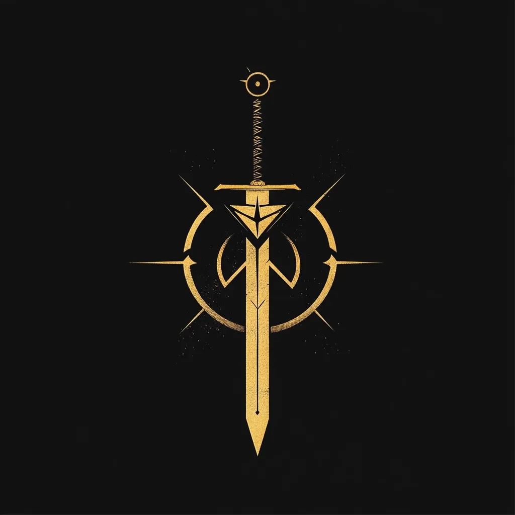 A stylized golden sword is depicted against a black background.  The sword is centrally positioned within a circular emblem, featuring radiating lines suggesting a compass rose or celestial design. The image has a textured, almost metallic gold appearance, creating a sense of both elegance and power.  The overall style is minimalist and symbolic, potentially representing courage, honor, or victory.
