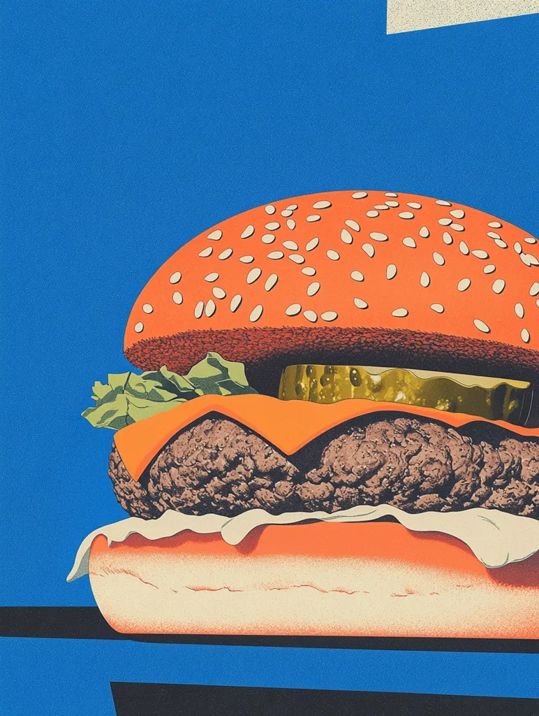 A stylized illustration showcases a juicy burger against a vibrant blue backdrop.  The sesame seed bun is a bold orange, contrasting with the dark brown patty, bright orange cheese, and a glimpse of lettuce and pickle.  The artistic style is bold and graphic, emphasizing the burger's texture and ingredients.  The image is eye-catching and emphasizes the appeal of fast food.