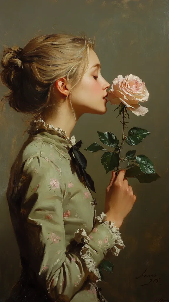 A young woman with blonde hair styled in an updo wears a pale green, floral-patterned dress with lace cuffs.  She gently holds a pale pink rose to her face, her eyes closed in a peaceful expression. The painting is executed in a realistic style, with soft lighting and attention to detail in the woman's features and the texture of the fabric and flower. The muted background enhances the central figure.