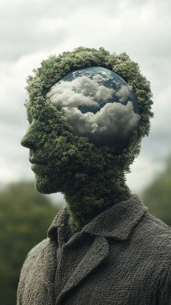 A surreal image depicts a person whose head is covered in lush greenery, encasing a globe partially obscured by clouds. The figure, wearing a textured, earth-toned coat, appears contemplative, set against a blurred backdrop of greenery under a cloudy sky. The artwork blends human form with nature, symbolizing the interconnectedness of humanity and the planet.  The overall mood is serene and thought-provoking.