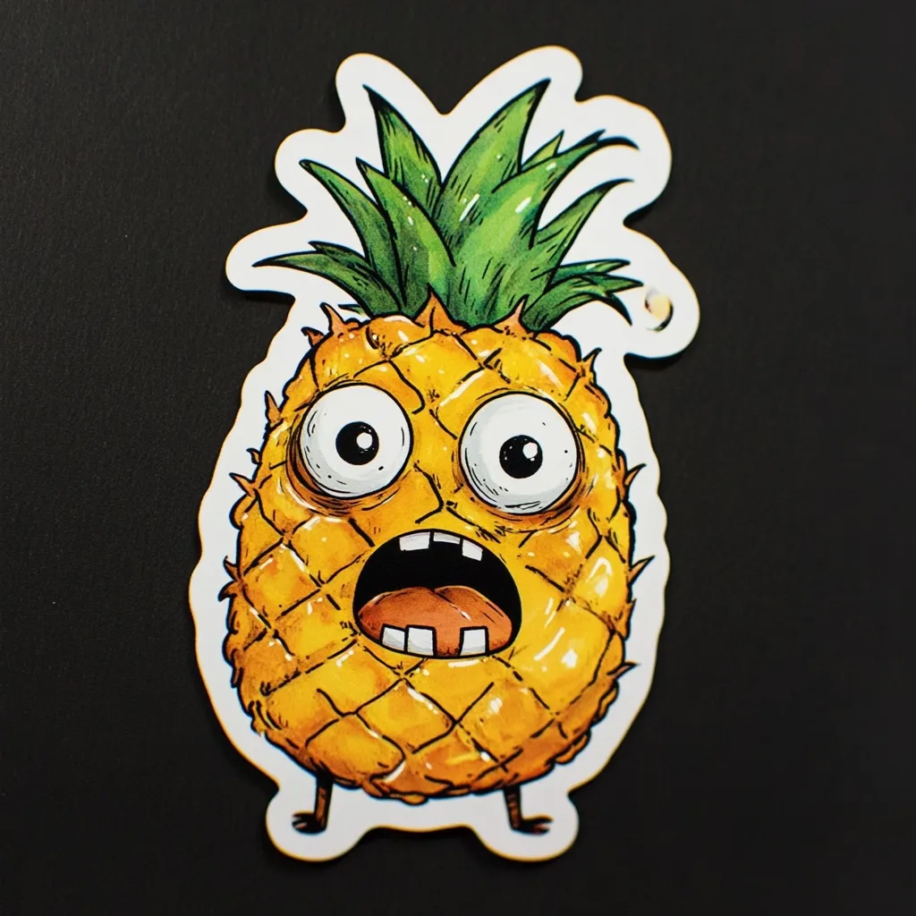 A sticker featuring a cartoon pineapple with a surprised expression.  The pineapple has large, wide eyes and an open mouth, showcasing its teeth.  Its skin is detailed with individual segments, and its leaves are vibrant green. The overall style is whimsical and slightly quirky. The sticker is on a dark background.