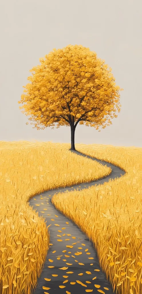 A solitary tree, ablaze with golden leaves, stands in a field of the same hue. A winding path, strewn with fallen leaves, meanders through the tall grass, leading the eye towards the tree. The scene is painted in a style that emphasizes texture and color, creating a serene and autumnal atmosphere.  The pale background enhances the golden tones of the landscape.