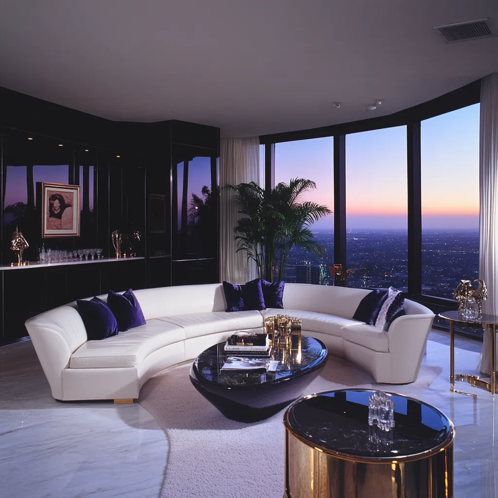 A luxurious living room boasts a curved white sofa adorned with deep purple pillows, centered around an oval coffee table.  Floor-to-ceiling windows offer breathtaking panoramic city views at sunset.  The room features polished marble floors, black lacquered cabinetry, and gold-toned accent tables, creating a sophisticated and opulent atmosphere.  A large potted plant adds a touch of nature to the space.