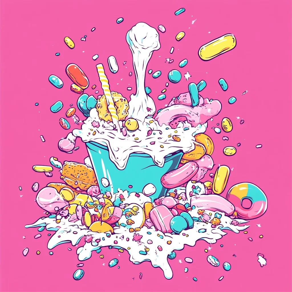 A vibrant illustration depicts an overflowing teal cup spilling a creamy concoction.  Surrounding the cup is a chaotic explosion of colorful candies, cookies, marshmallows, and sprinkles, all against a bright pink background.  The scene is dynamic and playful, suggesting an explosion of sugary delights.  The style is cartoonish and bold, emphasizing fun and whimsical energy.