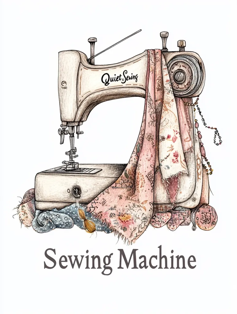 A detailed drawing of a vintage sewing machine, labeled "Quiet Sewing," is adorned with a draped fabric featuring a delicate floral pattern.  The machine rests on a pile of fabric scraps and accessories, creating a cozy, artistic representation of sewing and crafting.  The image is titled "Sewing Machine" in elegant lettering below the illustration.