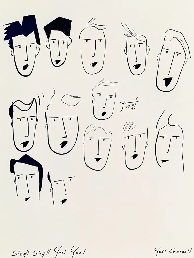 A whimsical collection of stylized faces, rendered in simple black ink lines on a beige background.  The faces vary in hairstyles and expressions, suggesting a choir or group.  Words like "Sing!" and "Yes!" are scattered around, enhancing the playful, musical theme.  The artwork's simplicity contrasts with the implied energy and unity of the subjects.