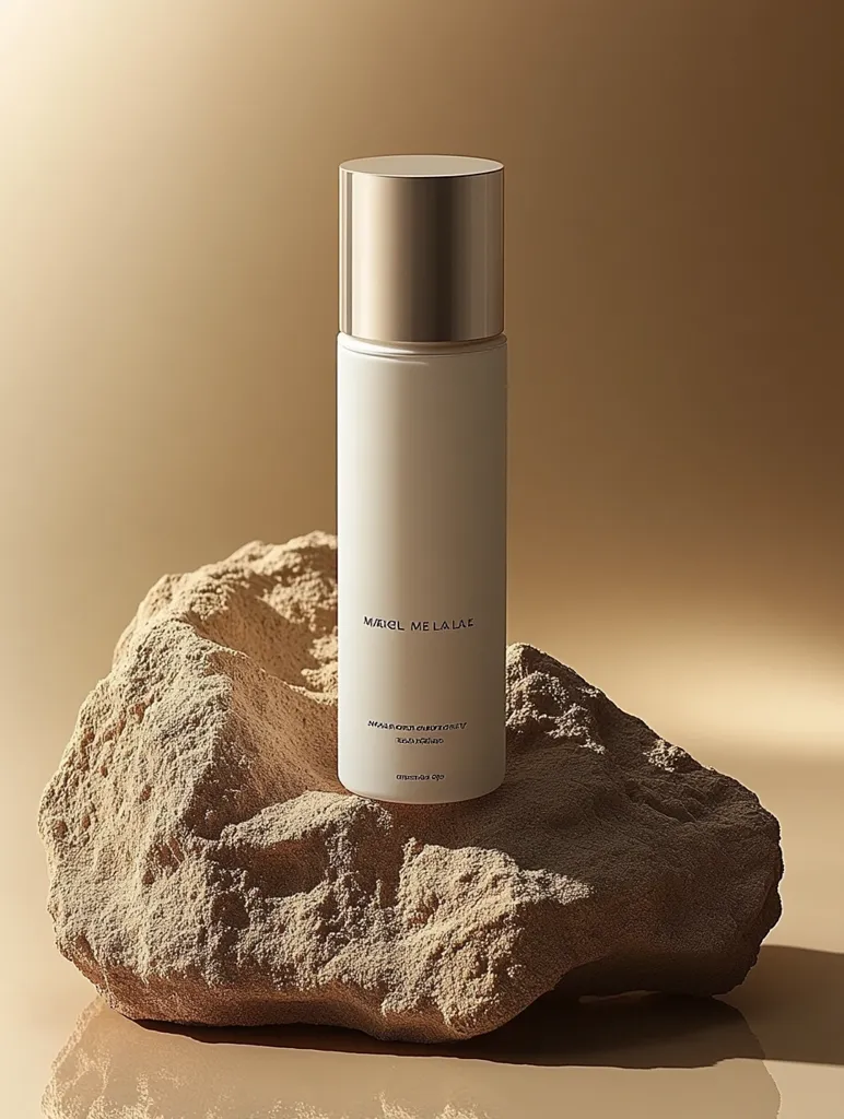 A bottle of Muriel Me Lalae's Naaeum Skin Synergy Toner sits on a light beige rock against a muted gold background.  The bottle is white with a gold cap, showcasing minimalist branding.  The overall aesthetic is clean, sophisticated, and subtly luxurious, emphasizing natural tones and textures.  The lighting highlights the product's sleek design.