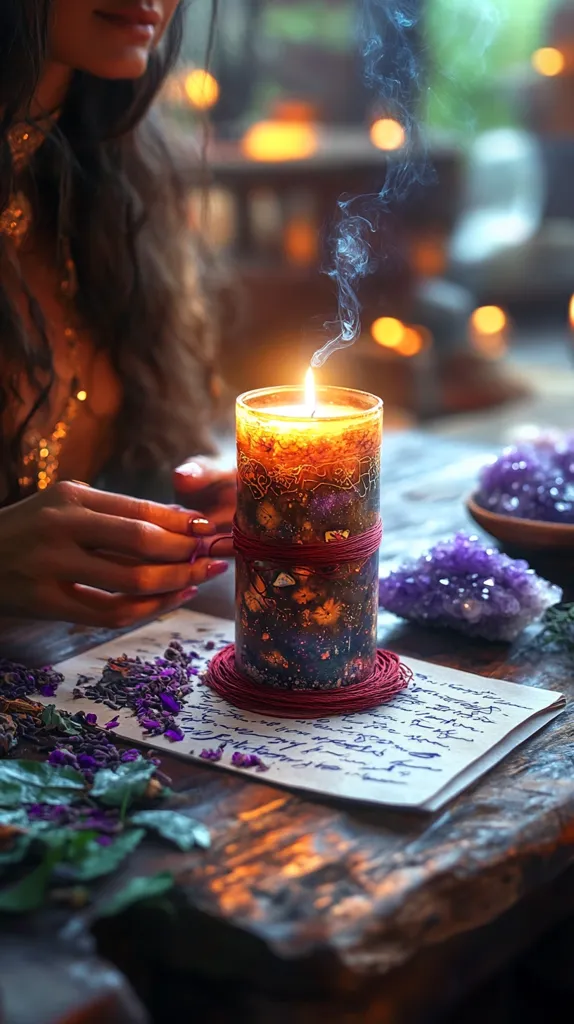 A woman with long dark hair sits before a lit candle, its flame casting a warm glow on her hands.  The candle is intricately decorated and rests on a red cord, surrounded by dried herbs and amethyst crystals.  A handwritten page lies nearby, adding to the mystical and atmospheric scene.  The background is blurred, suggesting a dimly lit room with soft bokeh lights. The overall ambiance is one of ritual and quiet contemplation.