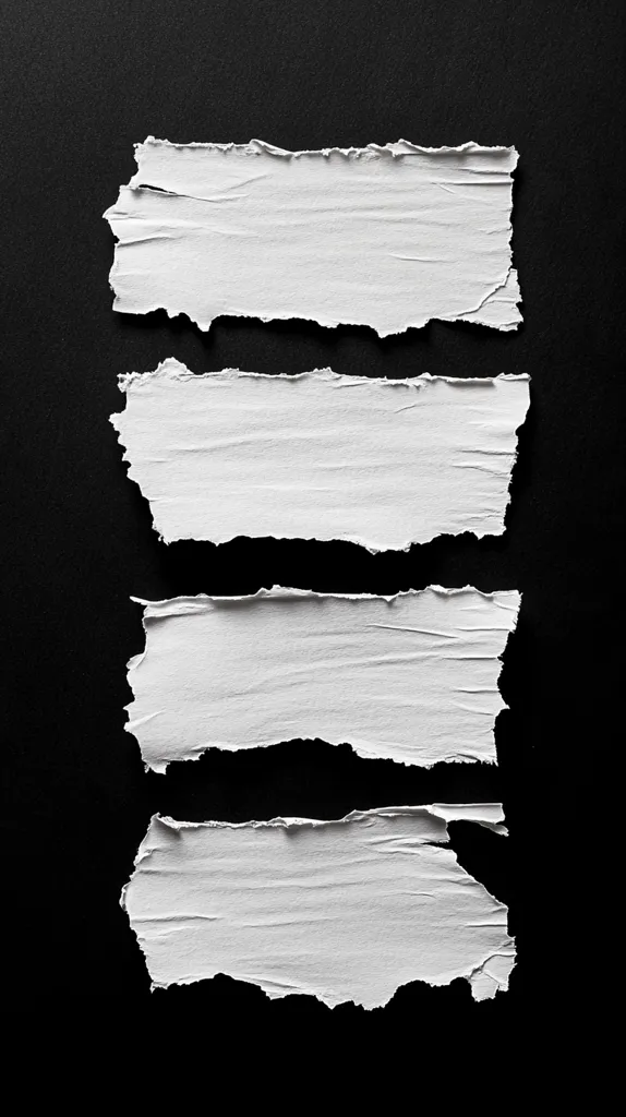 Four pieces of ripped white paper are stacked vertically against a black background.  The paper has a textured, slightly creased appearance, and the edges are irregularly torn. The pieces are roughly rectangular, creating a visually striking contrast with the dark backdrop, offering space for text or images.