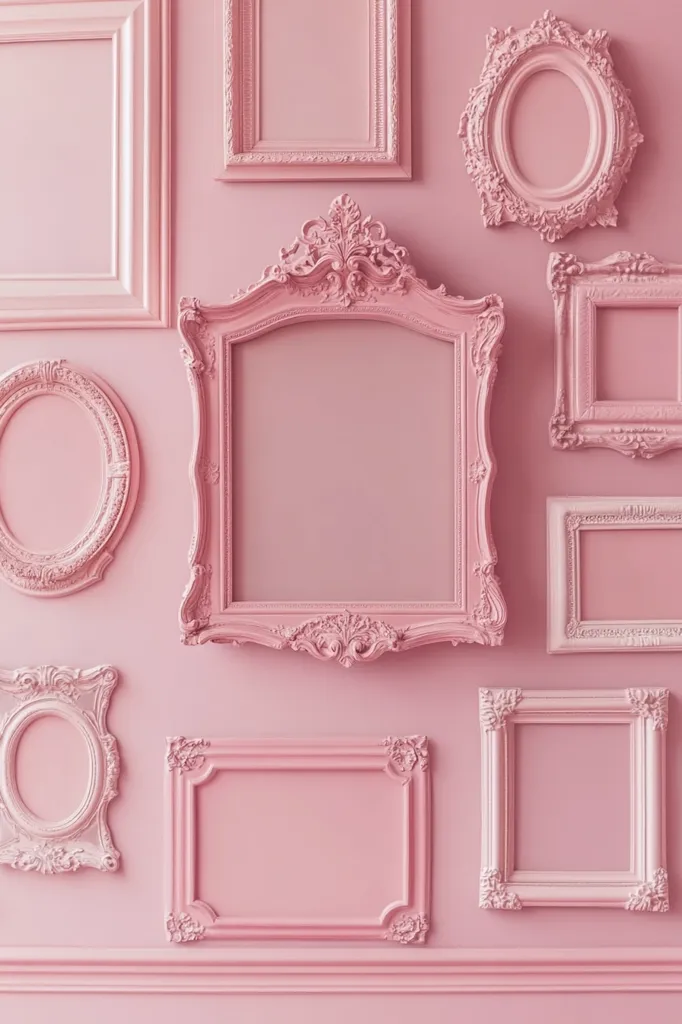 A blush pink wall is adorned with a collection of ornate picture frames of varying sizes and shapes.  The frames, all painted a delicate pink, are arranged in an aesthetically pleasing, asymmetrical pattern.  Some are rectangular, others oval and ornate, creating a visually rich and feminine display. The frames are empty, allowing the pastel pink background to become a key feature.
