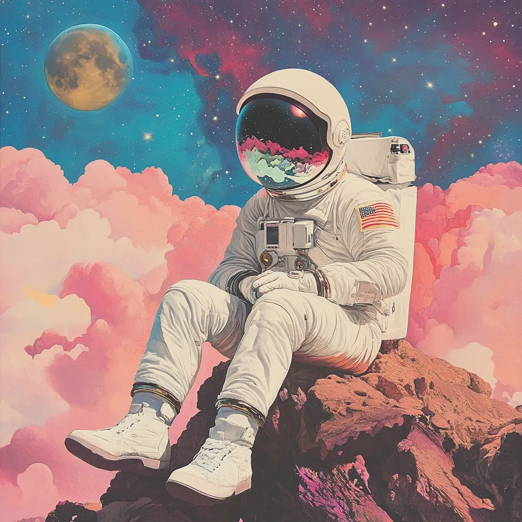 A lone astronaut, clad in a white spacesuit with an American flag patch, sits perched atop a rocky outcrop.  Surrounding him is a surreal dreamscape of pastel pink clouds and a vibrant, star-filled cosmos.  A large, reddish-brown planet hangs in the distance.  The astronaut's helmet reflects the colorful nebula, creating a visually striking contrast. The overall scene evokes a sense of peaceful contemplation amidst the vast expanse of space.