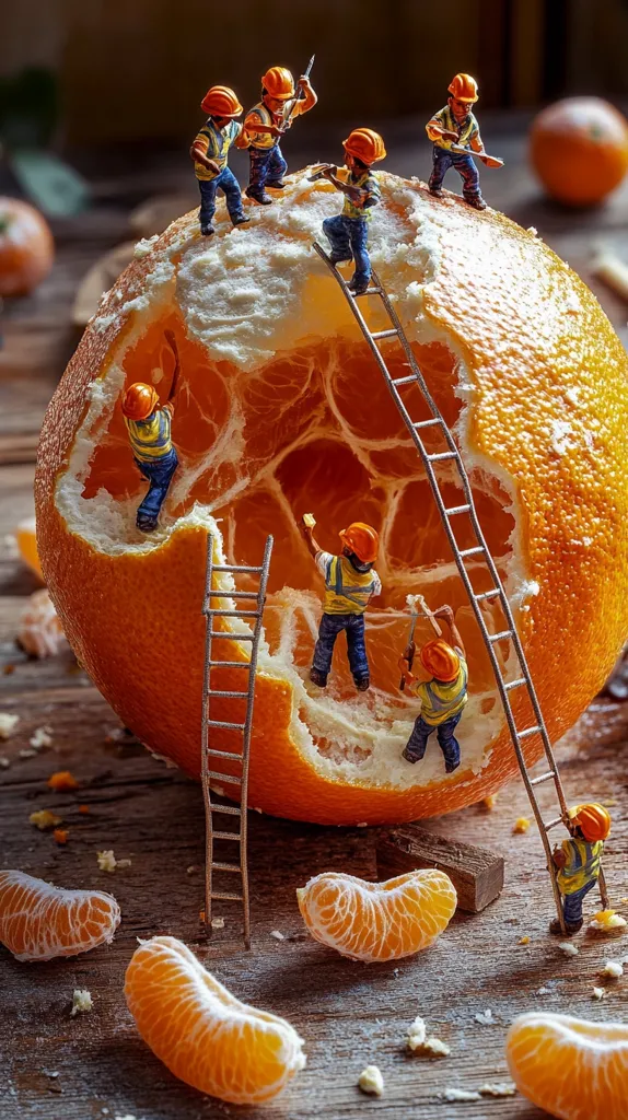 Miniature construction workers, wearing hard hats and safety vests, are meticulously working on a large peeled mandarin orange.  They use ladders to access different parts of the fruit, creating a whimsical and detailed scene.  The orange sits on a wooden surface, surrounded by segments and other small citrus pieces.  The image is a clever juxtaposition of scale and subject matter.
